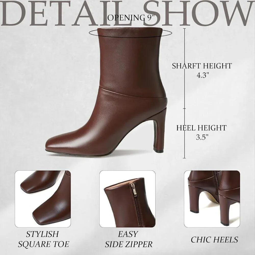 Women's Brown Square Toe Ankle Boots Low Heel Side Zipper Comfort Dressy